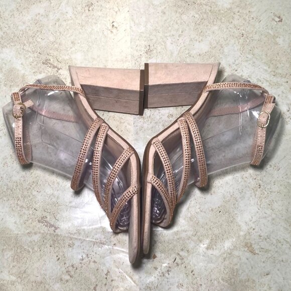 Strappy Nude Rhinestone Sandals With Block Heels Prom Wedding Party - Picture 6 of 9